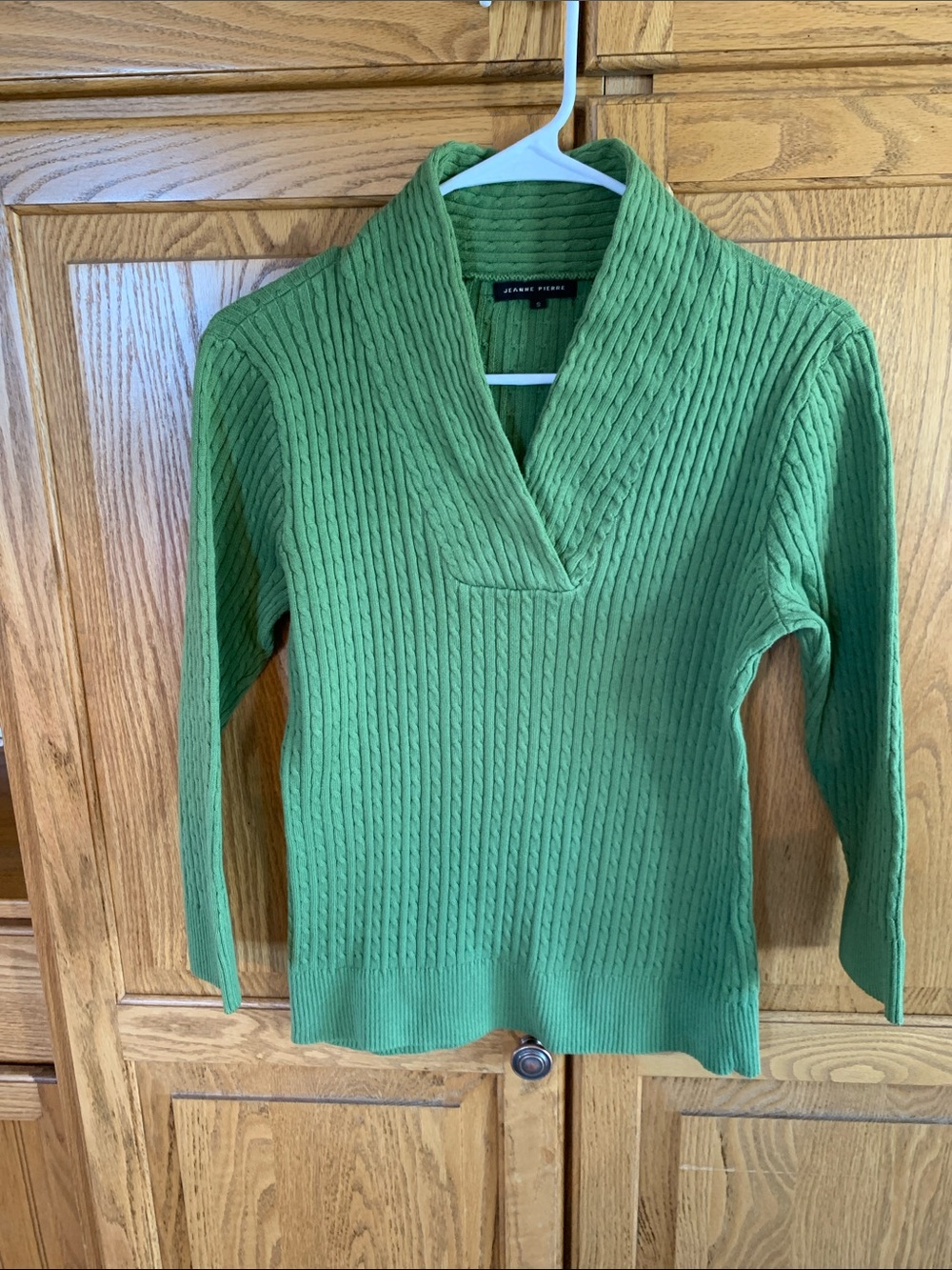JEANNE PIERRE Moss Green Ribbed Shawl-Collar Sweater